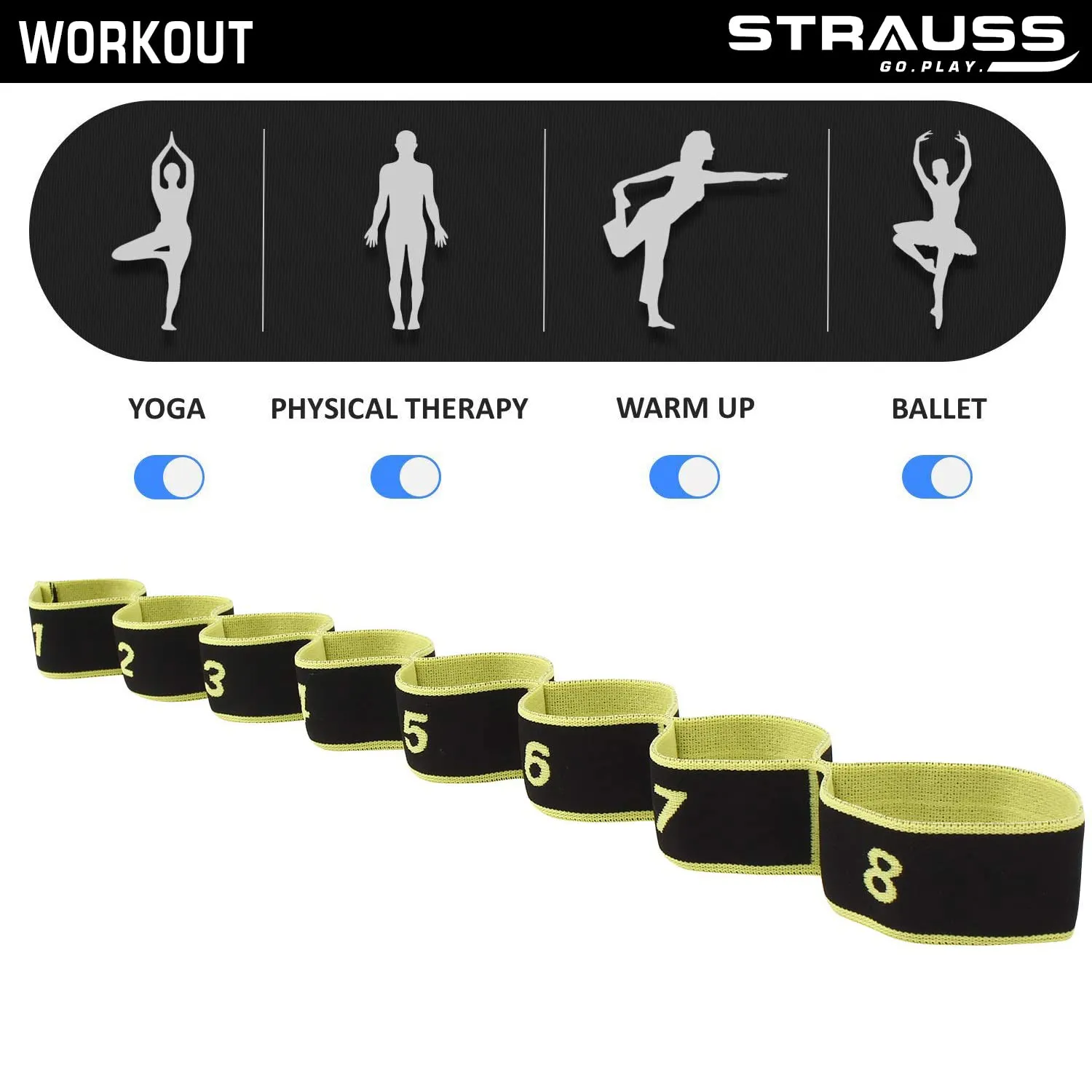 Strauss Multi 8 Loop Yoga Strap & Stretching Belt | Ideal for Yoga, Pilates, Therapy, Dance, Gymnastics, Ballet & Flexibility | Nylon & Cotton Skin Friendly Material