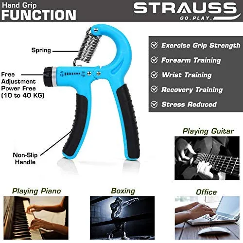 Strauss Power Push up Bar, (Black/Blue) and Adjustable Hand Grip Strengthener, (Black/Blue)