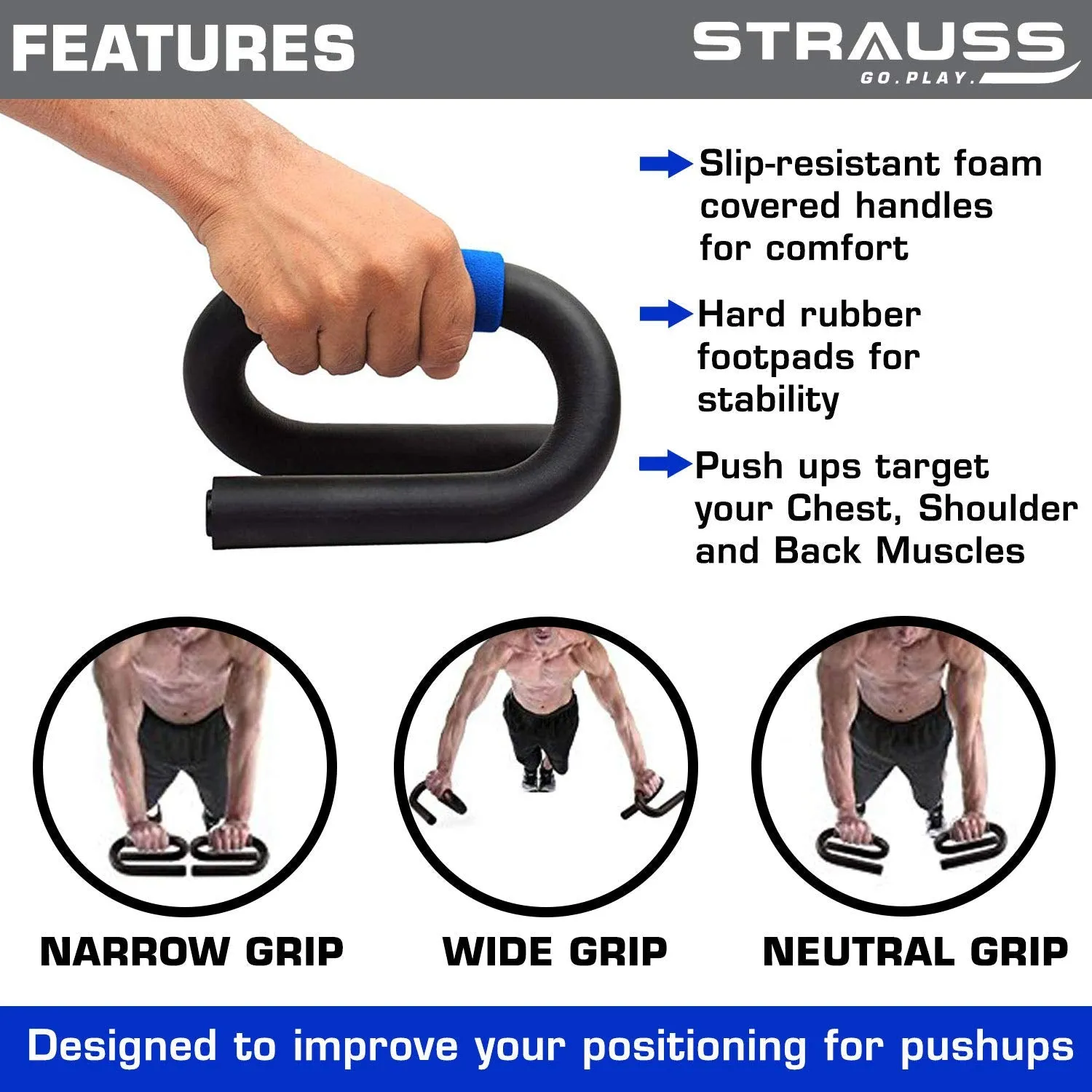 Strauss Power Push up Bar, (Black/Blue) and Adjustable Hand Grip Strengthener, (Black/Blue)