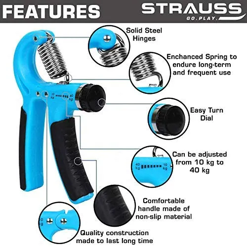 Strauss Power Push up Bar, (Black/Blue) and Adjustable Hand Grip Strengthener, (Black/Blue)