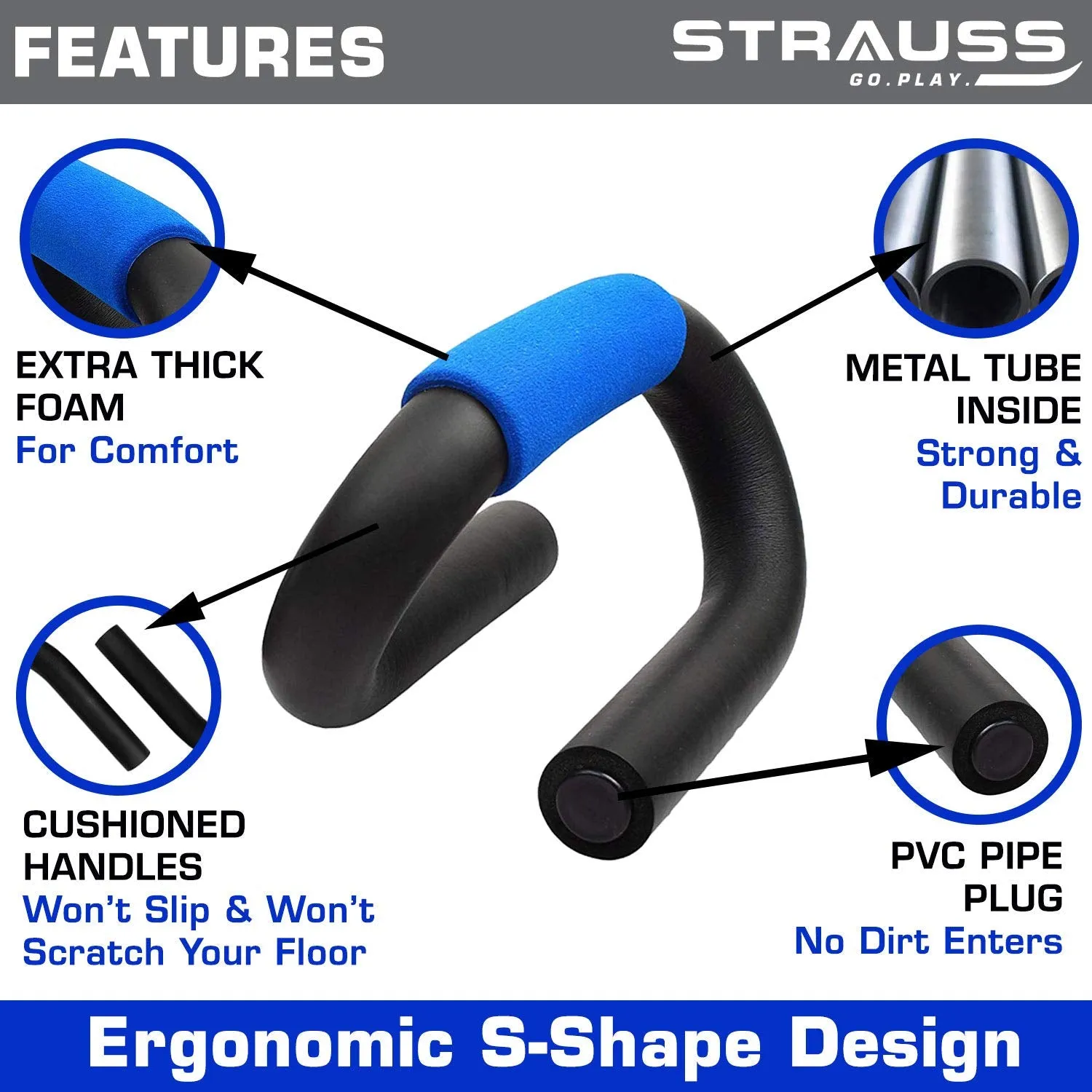 Strauss Power Push up Bar, (Black/Blue) and Adjustable Hand Grip Strengthener, (Black/Blue)