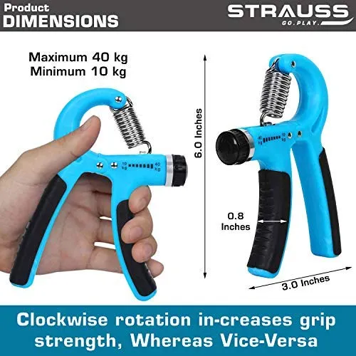 Strauss Power Push up Bar, (Black/Blue) and Adjustable Hand Grip Strengthener, (Black/Blue)