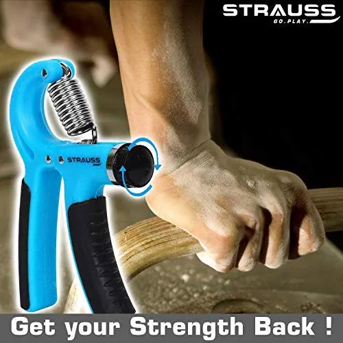 Strauss Power Push up Bar, (Black/Blue) and Adjustable Hand Grip Strengthener, (Black/Blue)