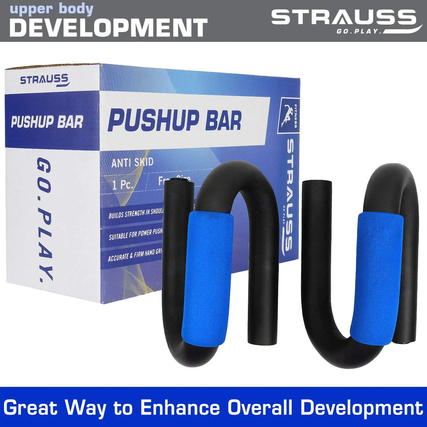 Strauss Power Push up Bar, (Black/Blue) and Adjustable Hand Grip Strengthener, (Black/Blue)